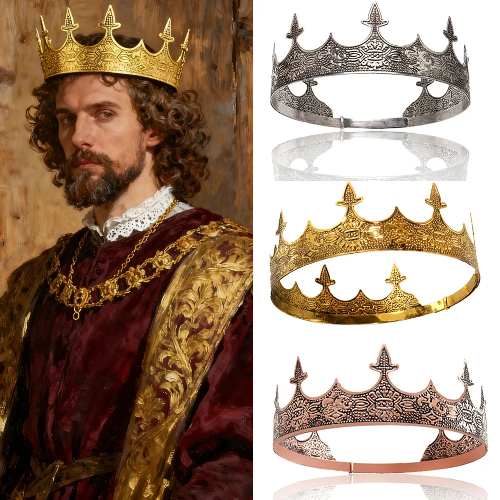 King Crown Vintage Headpiece Cosplay Retro King Metal Headwear Halloween Carnival Dress Up Party Headdress Costume Props
