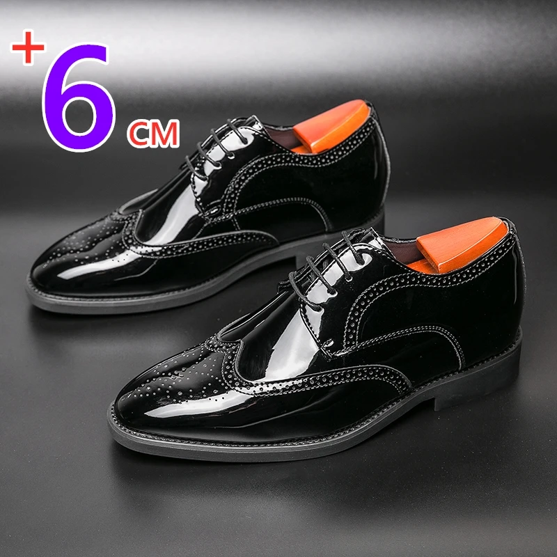 

Men Patent Leather Elevator Shoes 6CM Dress Heightening Formal Leather Shoes White Brogue Business Wedding Men Oxfords Suit Shoe