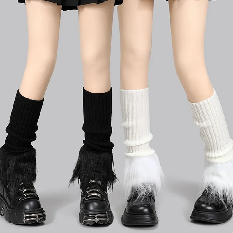 

New Winter Warm Knit Socks White Black Wool Blend Stacked Crew Socks Thickened Mid Calf Warmers with Contrast Stitch Detailing