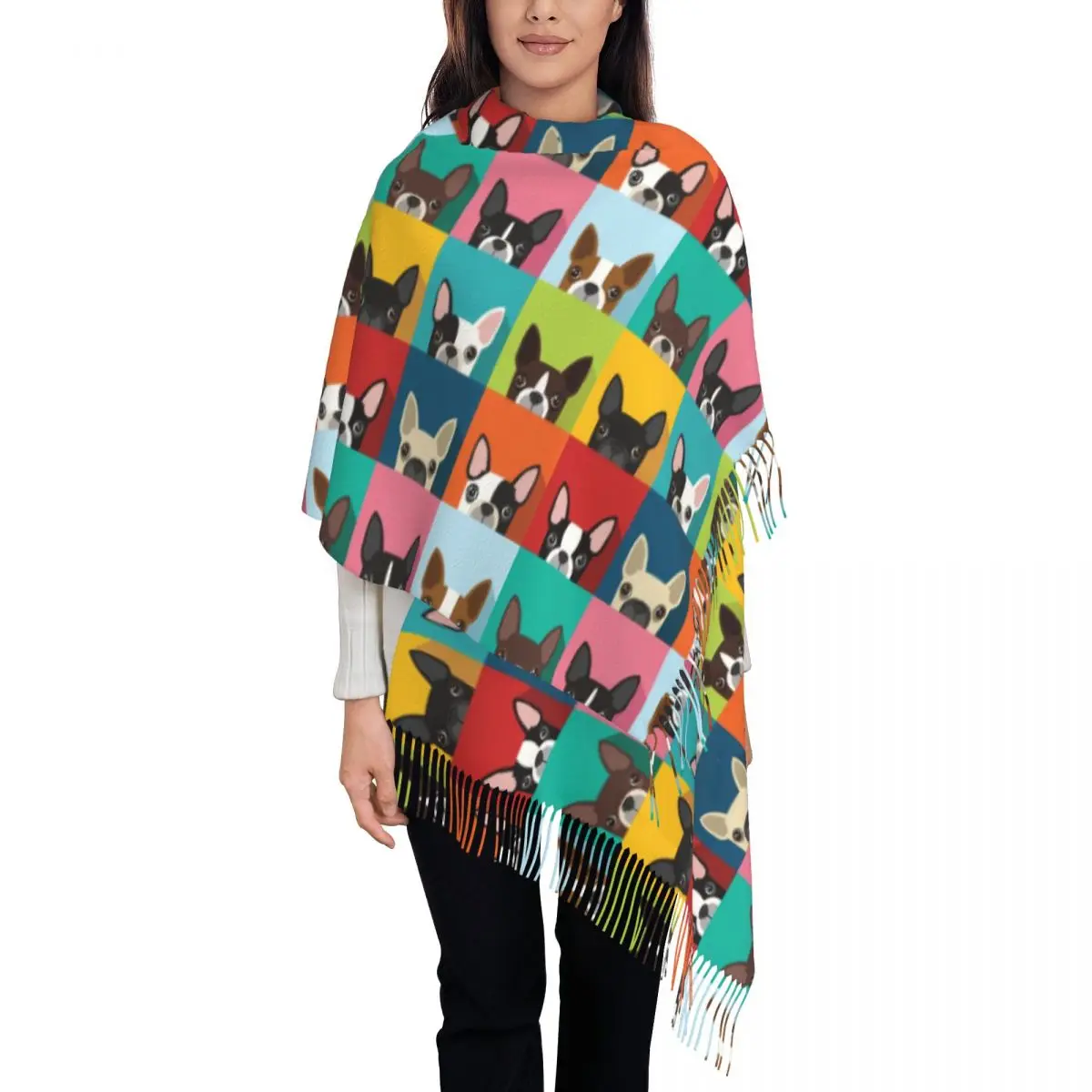 

Boston Terrier Pop Art Pattern Tassel Scarf Women Soft Cartoon Dog Pattern Shawls Wraps Ladies Winter Fall Scarves
