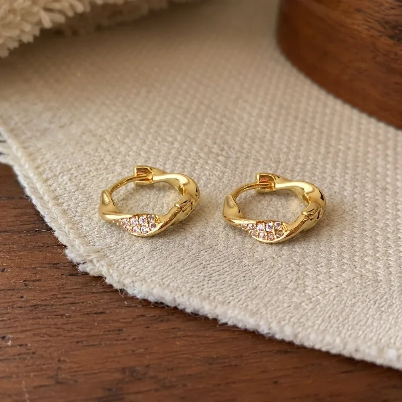 Korean Mobius Paved Zircon Huggie Earrings for Women, Simple Gold Tone Twisted Hoop Elegant Daily Commute Jewelry Gift