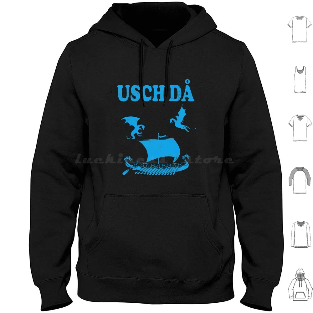 Usch Da Like Uff Da Only Swedish , Viking Ship Attacked By Flying Hoodies Long Sleeve Usch Da Uff Da Swedish Viking Ship