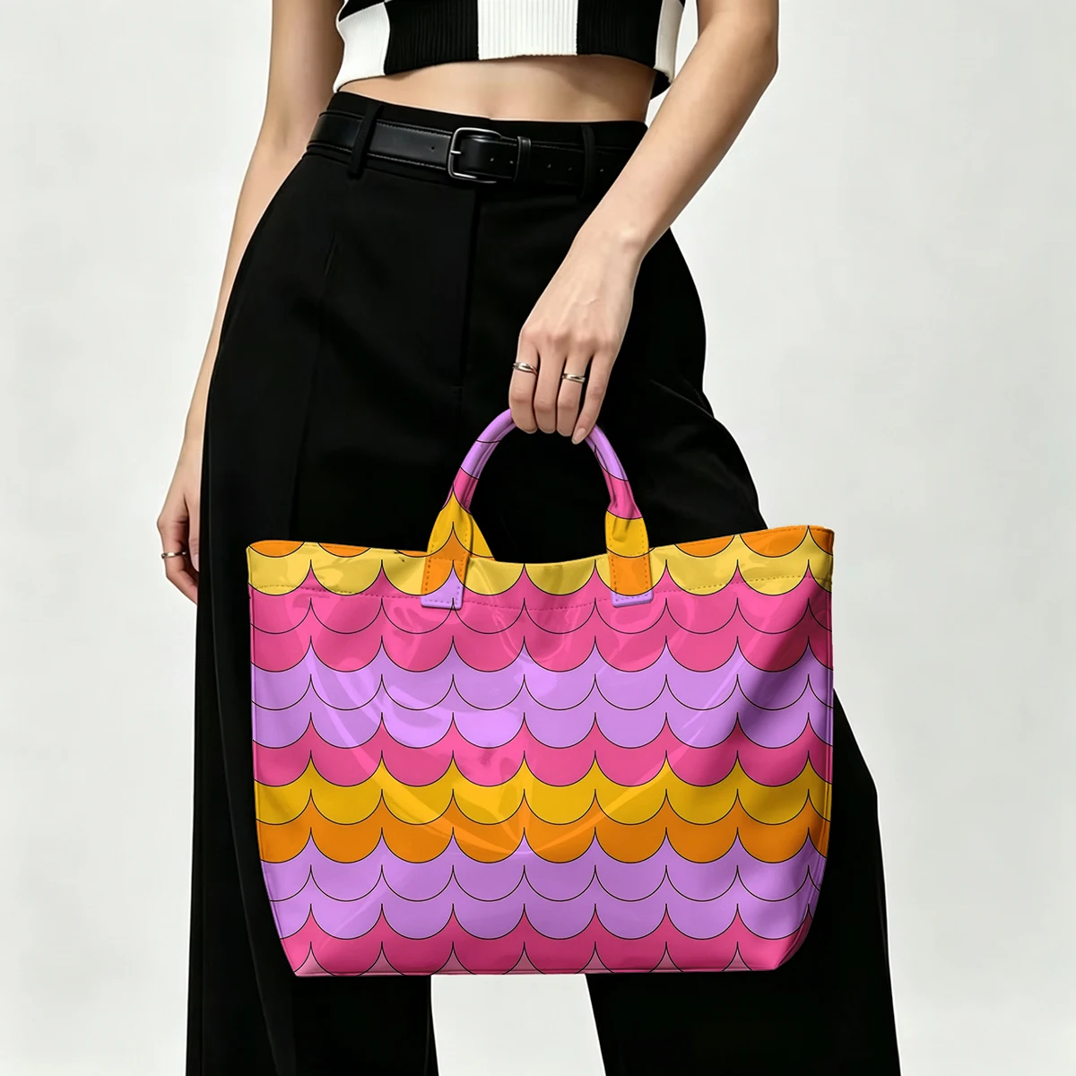 Macaron gradient waves PVC Tote Bag Lightweight Handbag Commuting Large Capacity Portable Travel Shoulder Bag Tote Bag Mothe