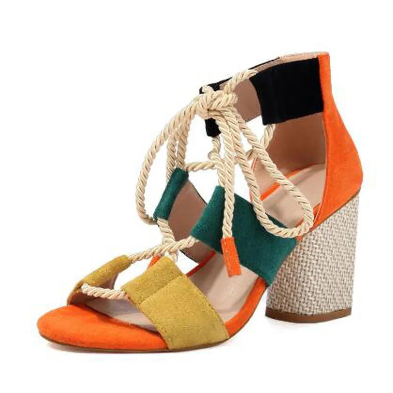 برتقالي أزرق أصفر المرقعة الحبال عبر تعادل الدانتيل يصل كتلة جوفاء كعب الصيف الصنادل النساء الرومانية أحذية عالية الكعب سيدة حجم 43