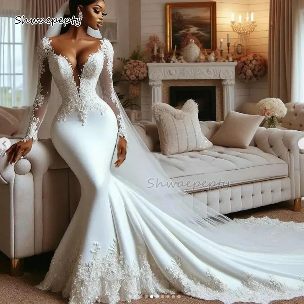 

Exquisite Mermaid Wedding Dress Chapel Train Long Sleeves Ivory Satin Bridal Gown With Lace Appliques Sheer V-neck Customized