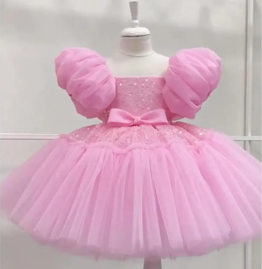 

Sequin Glitter Pink Flower Girl Dress Short Puff Sleeve Princess Wedding Party Dress First Communion Gown
