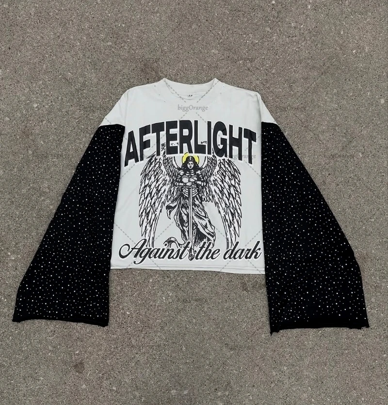 

Свободная повседневная хлопковая футболка большого размера в стиле хип-хоп с круглым вырезом и длинными рукавами для мужчин Y2k, модная женская футболка в американском стиле High Street