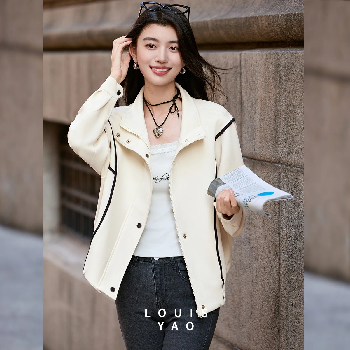 LOUISYAO Color Block Coat Women 2026 Winter Stylish Casual Minimalist Stand Collar Long Sleeve Outerwear Cardigan Hot Sale