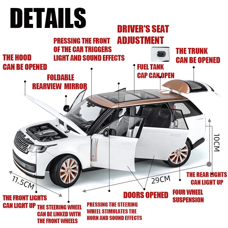 Large 1:18 Scale Range Rover SV2022 off Road Alloy Diecast Metal Simulation Car Model Sound Light Boy Toy Kid Gift Ornament