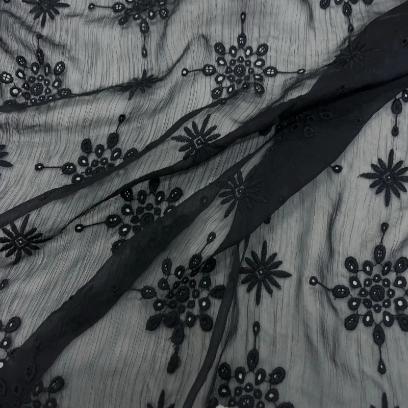 

Black Semi Transparent Hollow Chinese Knot Snowflake Embroidery Chiffon Fabric Design Sense Smooth Shirt Hanfu Dress Fabric