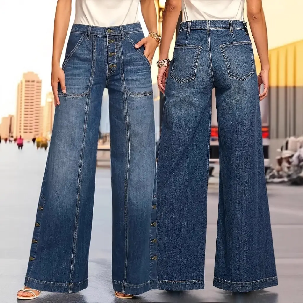 Pantaloni lunghi da donna in denim elastico a vita media con bottoni lavati vintage di grandi dimensioni