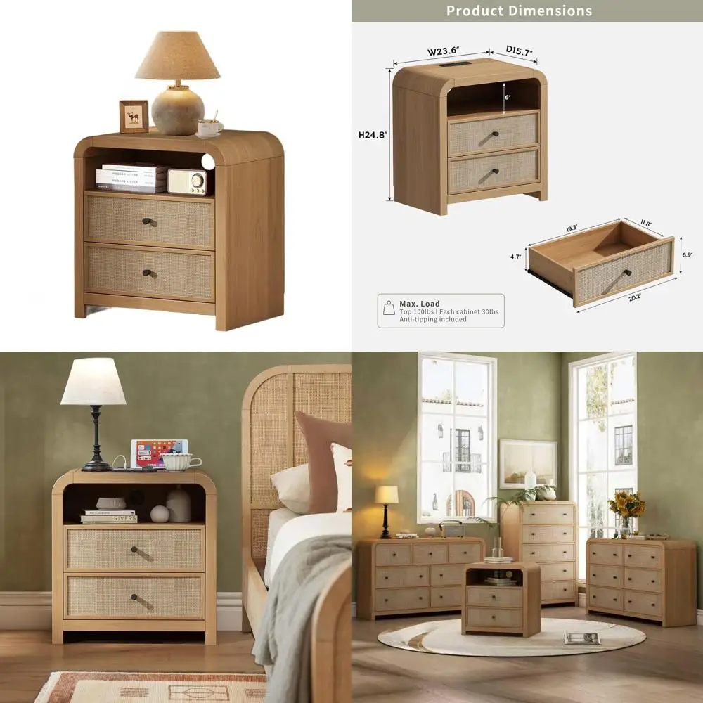 Mesa Auxiliar de Ratán con Almacenamiento, Mesa de Noche Estilo Boho de 23.6 Pulgadas, Estación de Carga, Diseño Curvo para Sala de Estar y Dormitorio