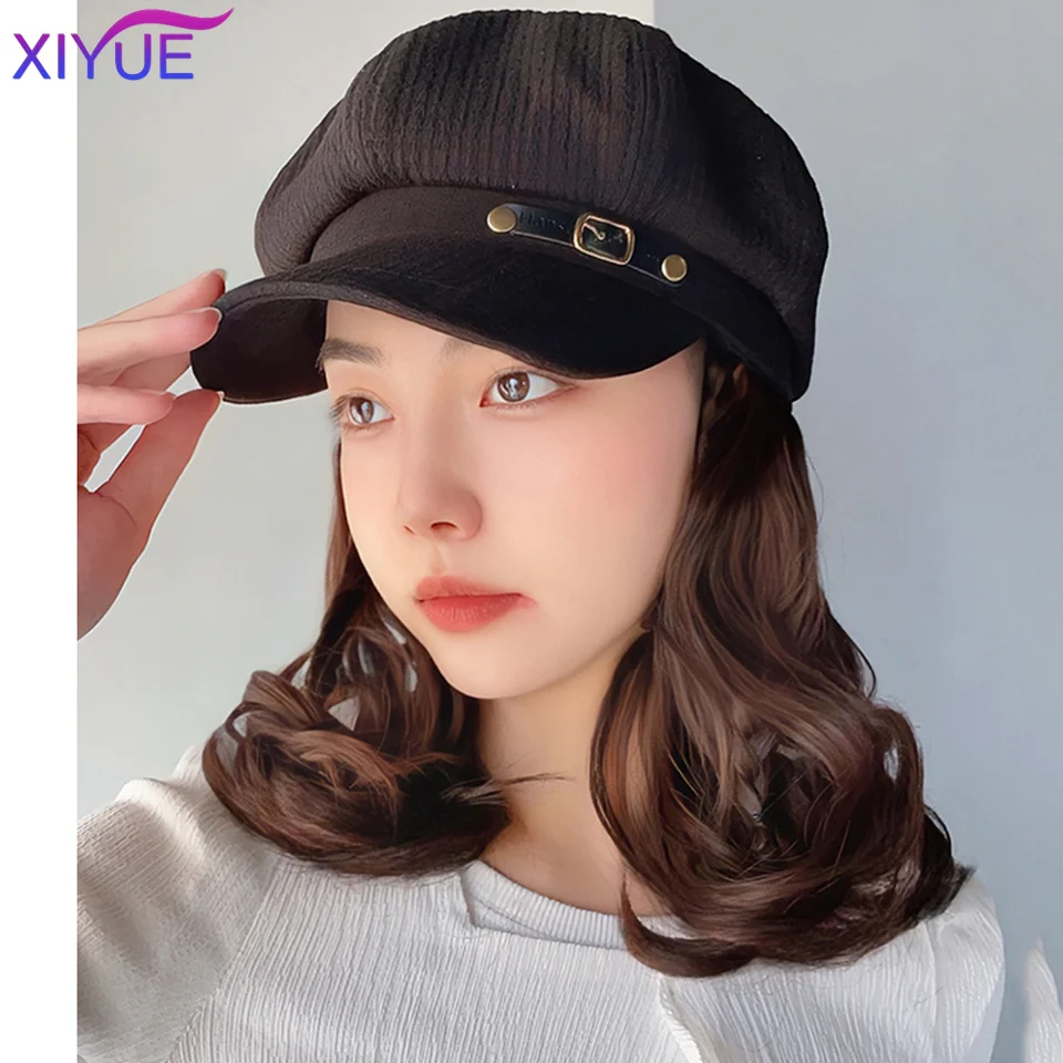 XIYUE Octagonal cap pear blossom short curly hair Hat Wig Synthetic Hair Extensions Hat With Hair Natural Hairpiece For Women