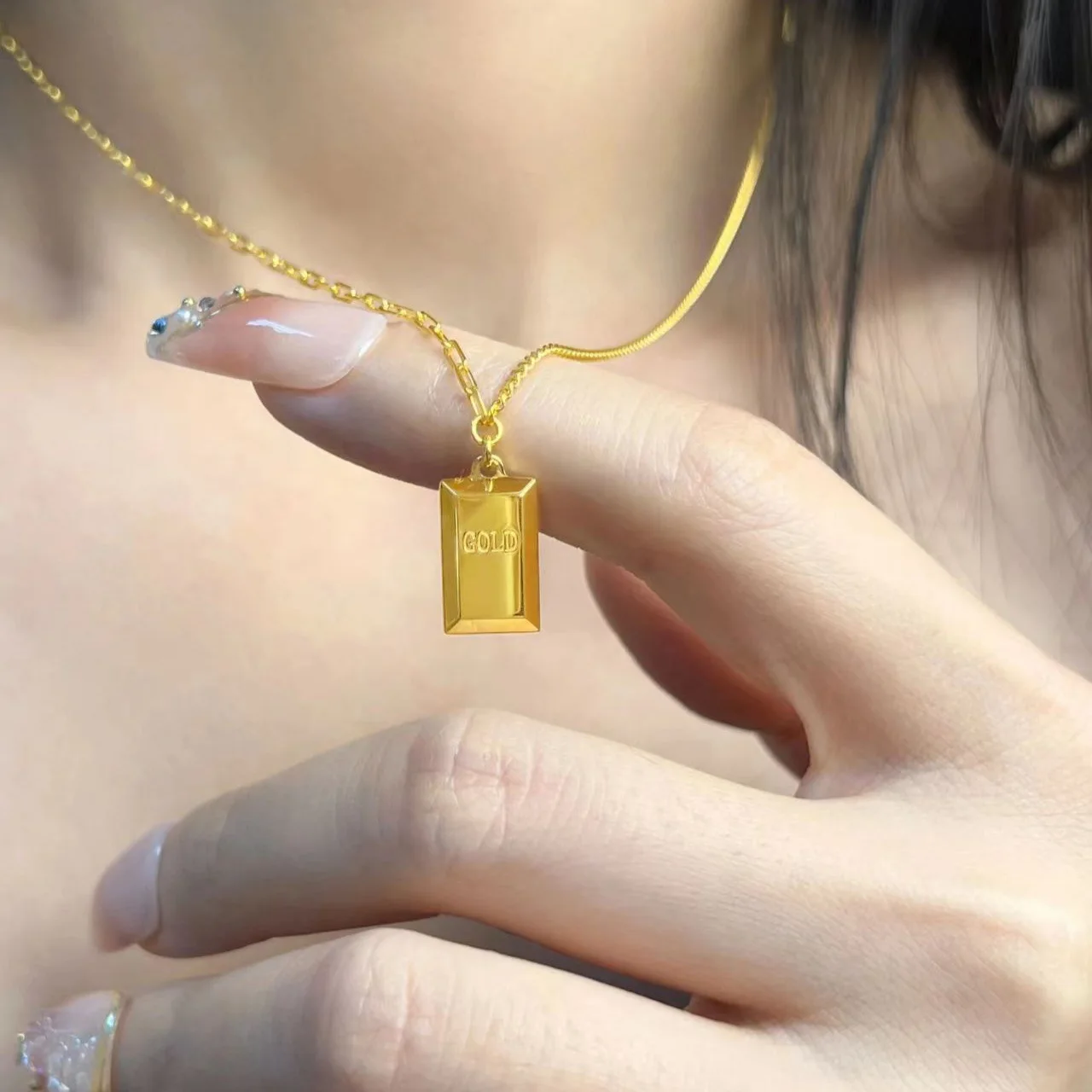 Get Rich Small Gold Brick Necklace Women's 24K Gold AU999 - Pure gold auspicious small gold brick necklace