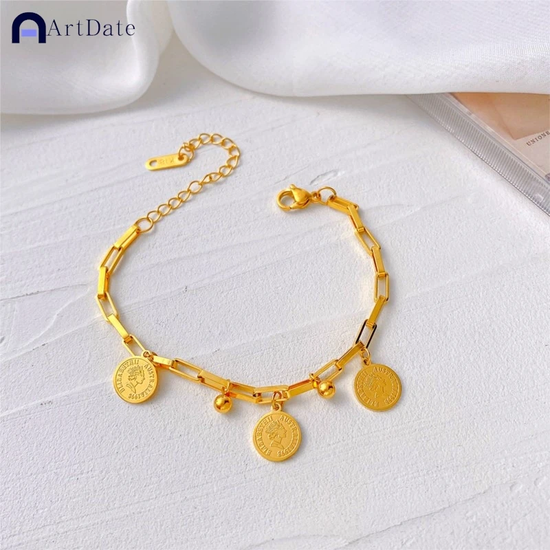 ArtDate 1pcs Gold-color Bracelet Ladies Hip Hop Style Stainless Steel Round Sign Portrait Pendant Wide Cross Chain Jewelry