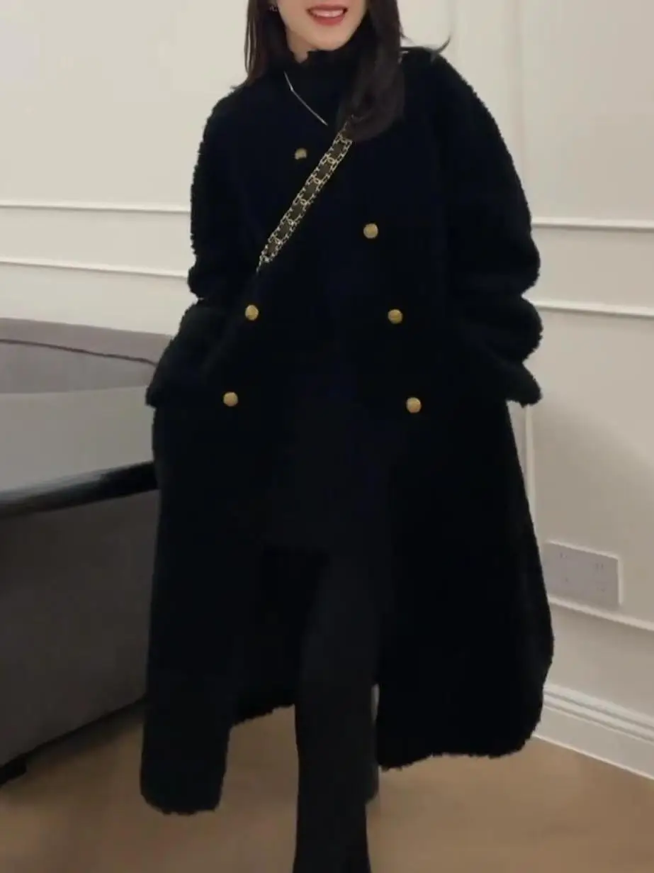 

Теплая шуба из овечьего меха, длинное пальто с круглым воротником, повседневный стиль, корейская мода, большие размеры, женская верхняя одежда, зимний сезон