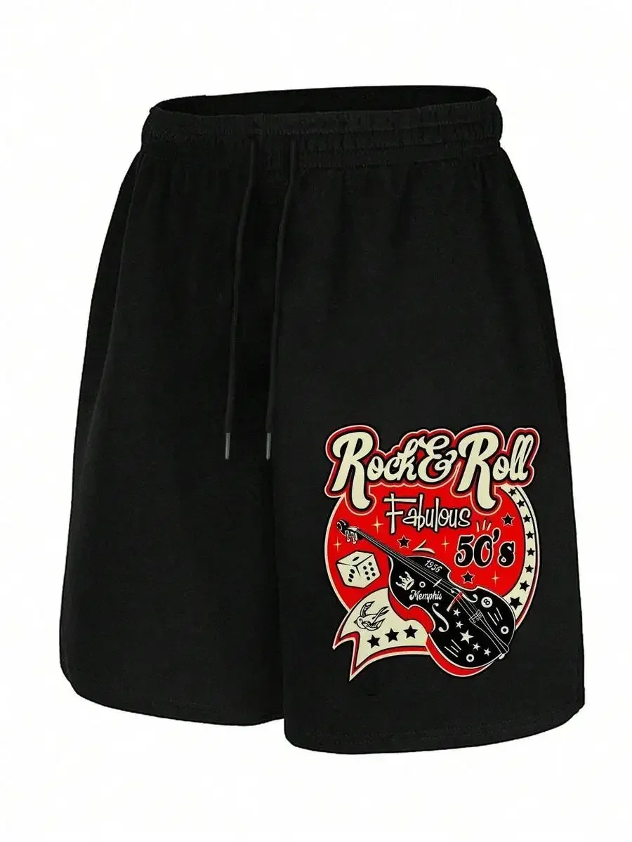 

Mens Rock And Roll 50s Retro Shorts With Guitar Print Casual Summer Shorts Elastic Waist Pockets