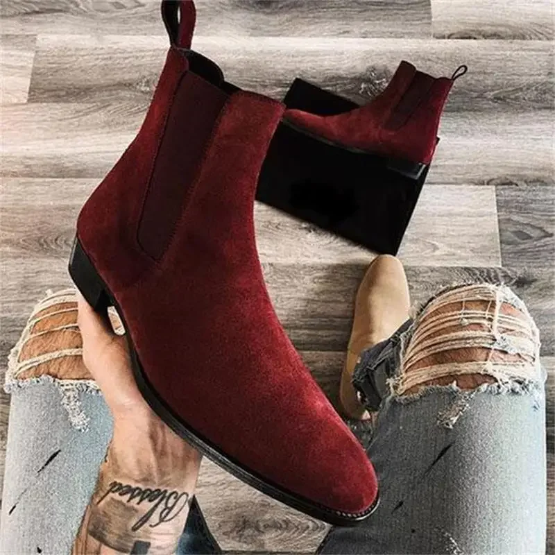 Chelsea Boots for Men Wine Red Black Faux Suede Business Low-heeled Handmade Fashion Men Boots