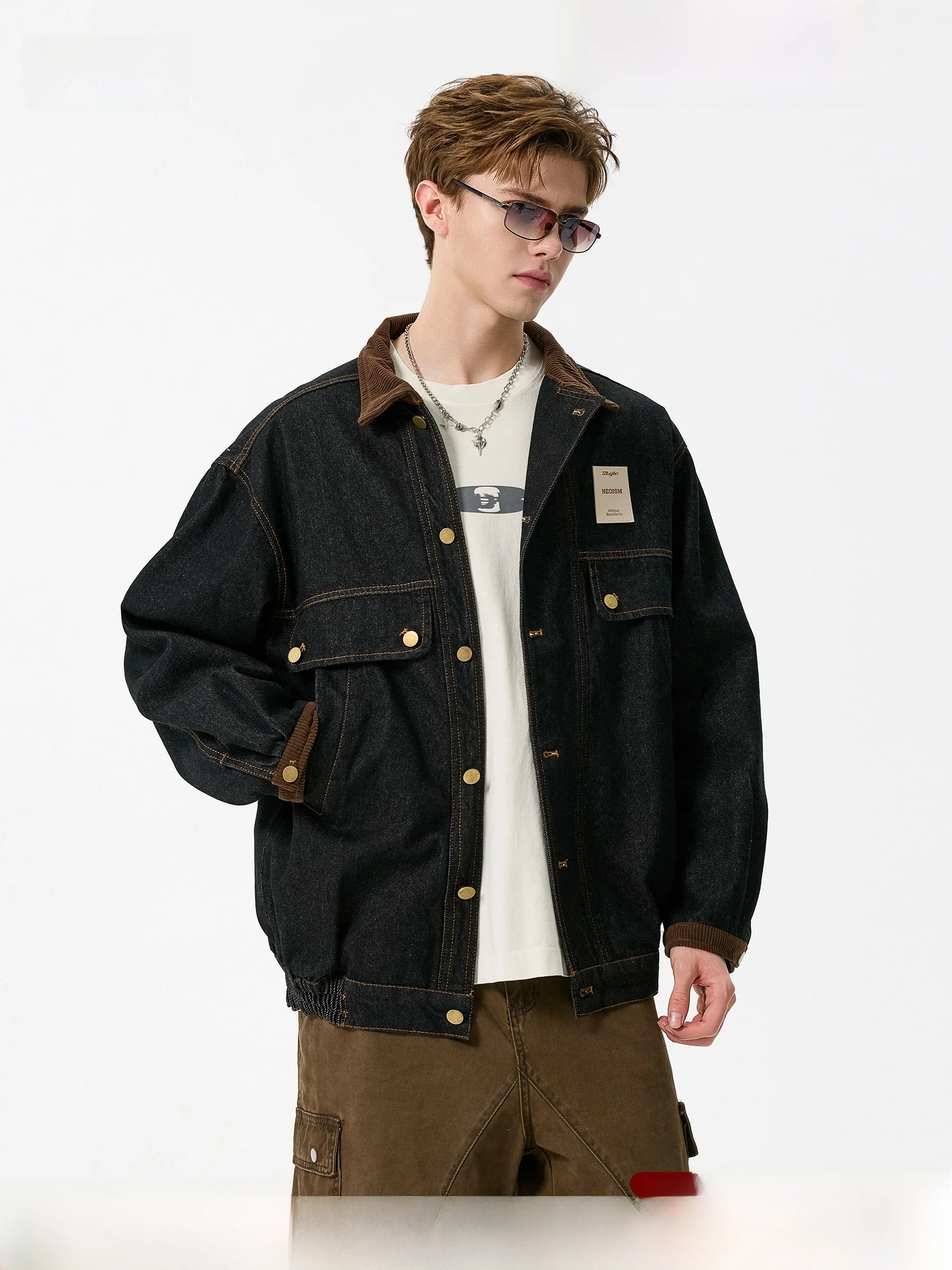 

DPX Men's Vintage American Workwear Denim Jaet Loose Fit Corduroy Stand Collar Patchwork Casual Long Sve Top