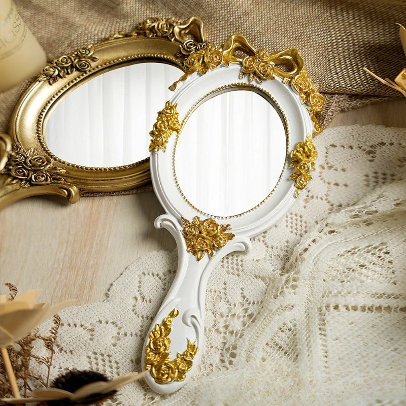 Handheld Mirror Makeup Compact Travel Beauty Portable Oval Embossed Rose Girl Gift Princess Hand Mirror Home Accessories