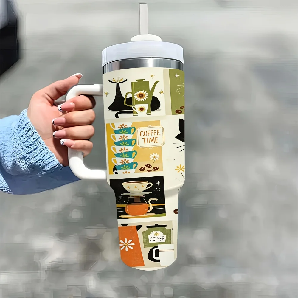 1ps Halloween And Christmas 40Oz Stainless Steel Insulated Tumbler with Handle And Straw, Retro Mid-Century Black Cat Coffee Element Print Water Cup for Car Driving Travel Home Office Outdoor Daily Use