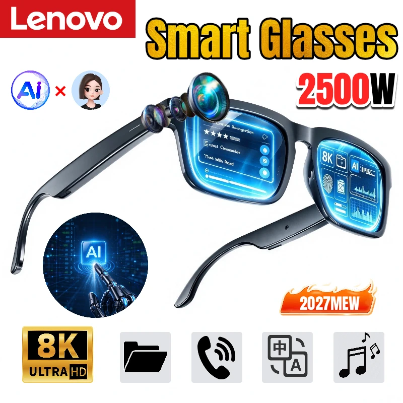 Lenovo AI Smart Glasses 8K HD 2500MP Photo Translation Bluetooth Conversation Recording Listening To Music Smart Sunglasses New