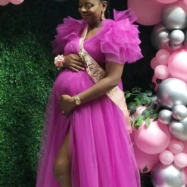Damska sukienka ciążowa koronkowa suknia macierzyńska z dekoltem w szpic z gazy pływające na ramię Maxi sukienka sesja zdjęciowa Baby Shower