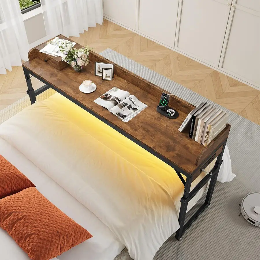 طاولة فوق السرير بعجلات، طاولة دوارة مع منافذ وشريط إضاءة لسرير كوين، ودرج مكتب متنقل وسرير قابل للتعديل H #3