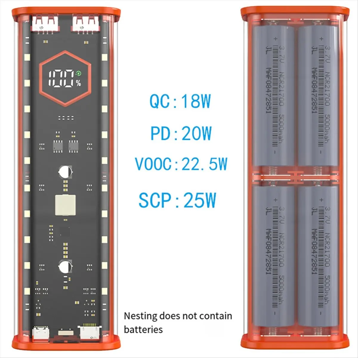 BIGSALE-21700 Battery Storage Box 4 Slots DIY Power Bank Box for 21700 Charger Dual USB Output TypeC Input Orange
