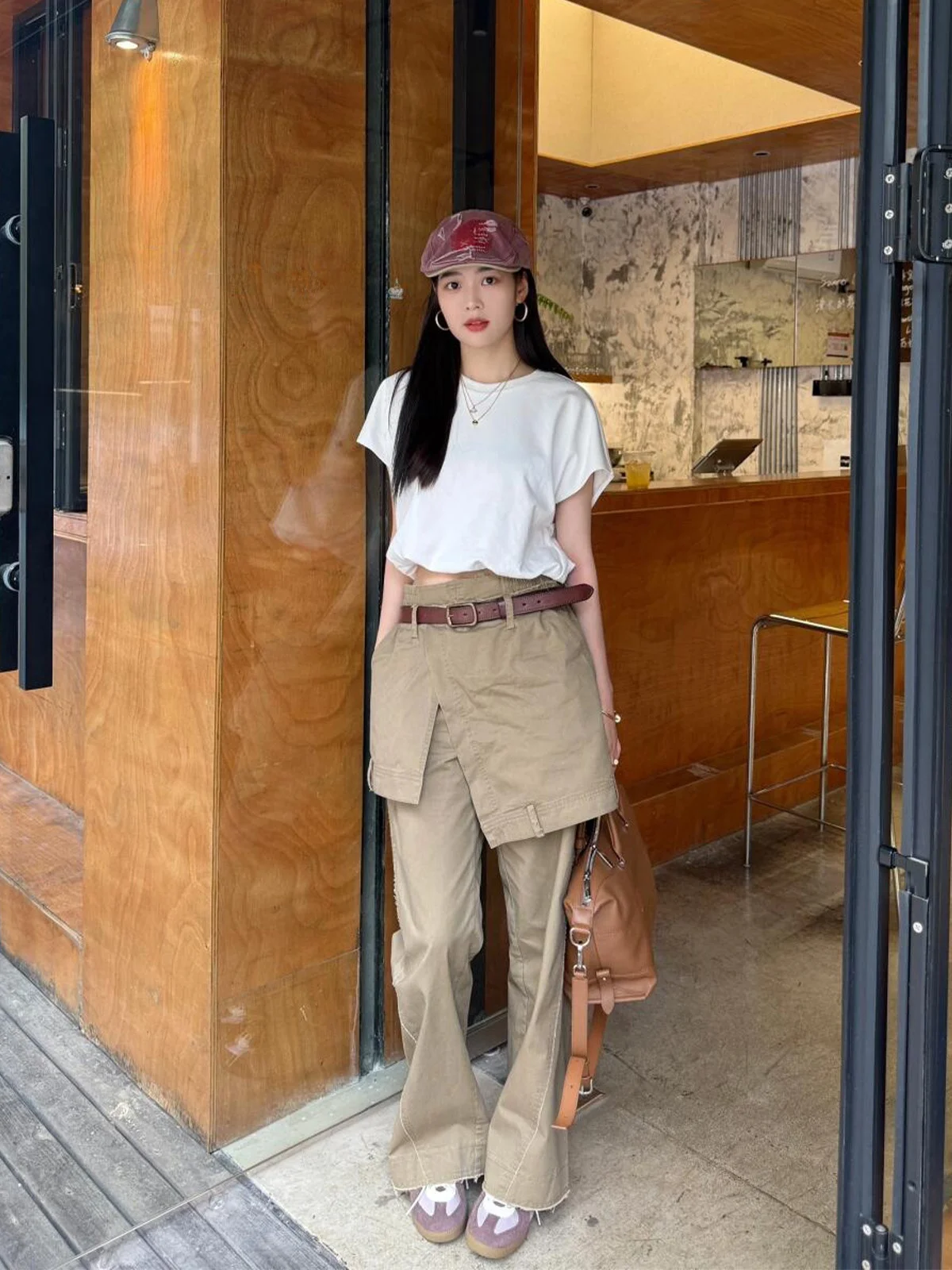 

American Style High Waist Wide Leg Pants Asymmetrical Splicing Khaki Color Loose Casual Trousers for Women Spring Season