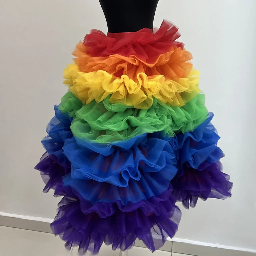 

High Waist Rain Bow Colorful Midi Long Skirt Ruffled Tulle Ball Gown Fluffy Party Skirts For Dance Free Shipping Rainbow Skirt