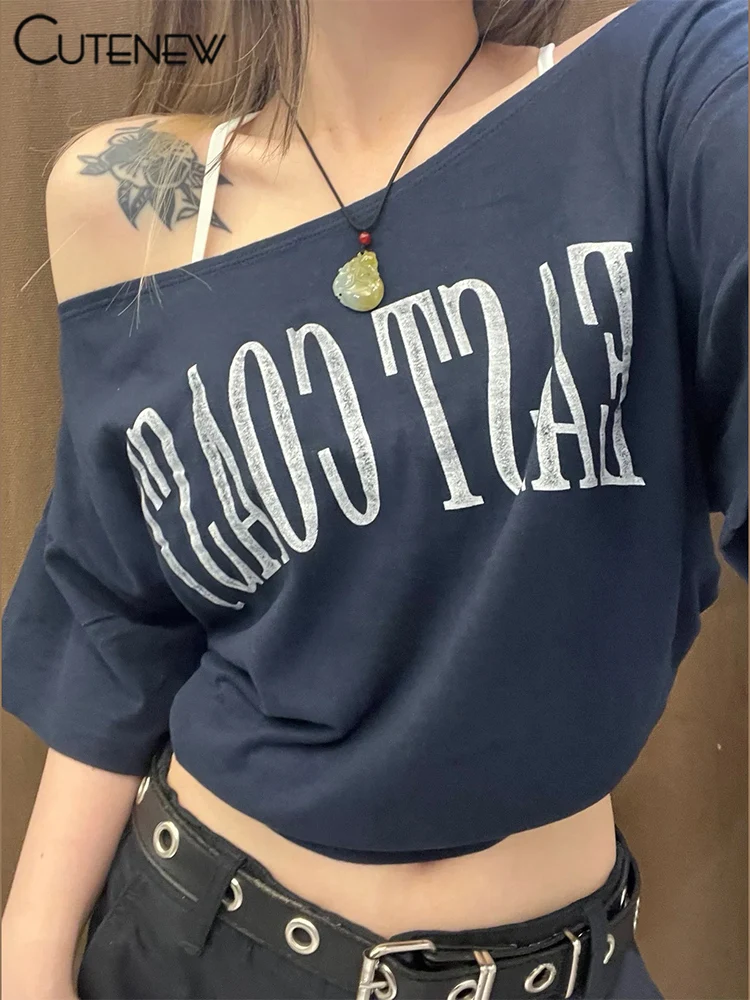 Cutenew Oversized T-shirts Women Casual Letter Print Off Shoulder Short Sleeve Classic Wild Tees Female Summer Basic Streetwear