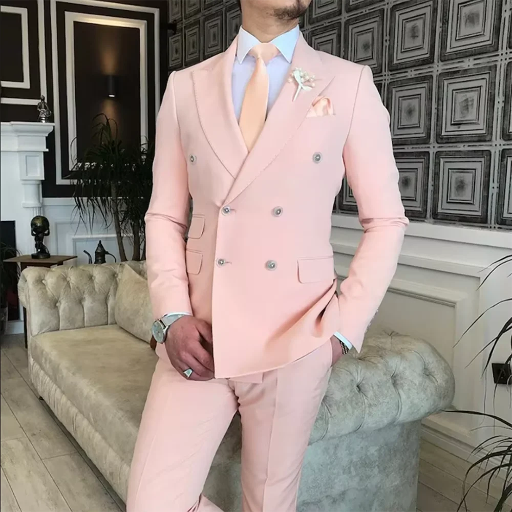 

STEVDITG Pink Men's Suits Blazer Double Breasted Peaked Lapel Flat Regular Length Wedding 2 Piece Jacket Pants Luxury Costume