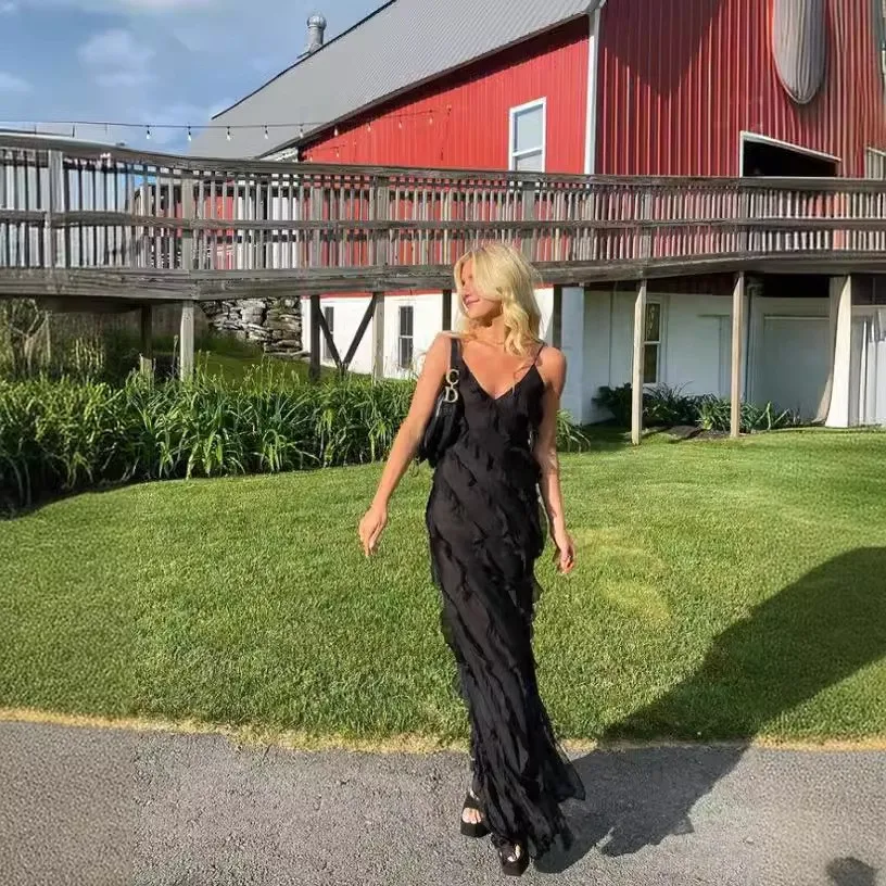 Women's Summer Wedding Guest Dress: Sleeveless V Neck Backless Long Low Waist Slit Ruffle Elegant Party Dress for Wedding Prom