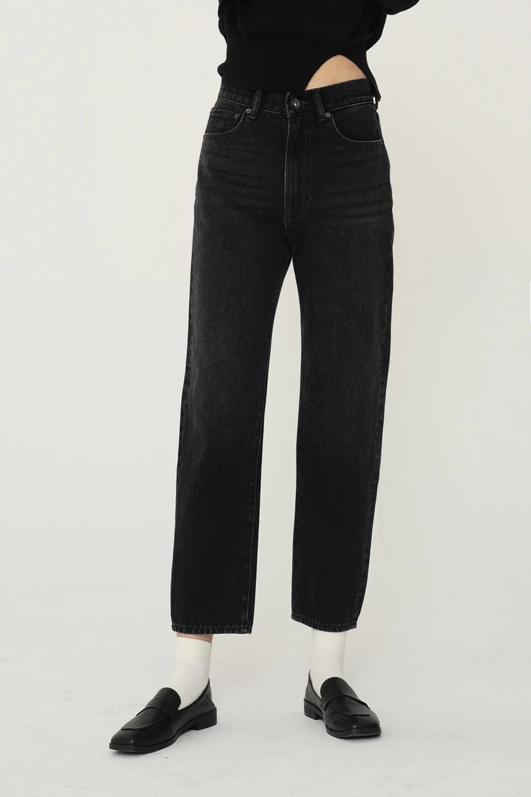 

Джинсы прямого кроя в стиле 90-х, с эффектом потертости, укороченные (7/8), на молнии, с завышенной талией, из денима, для женщин