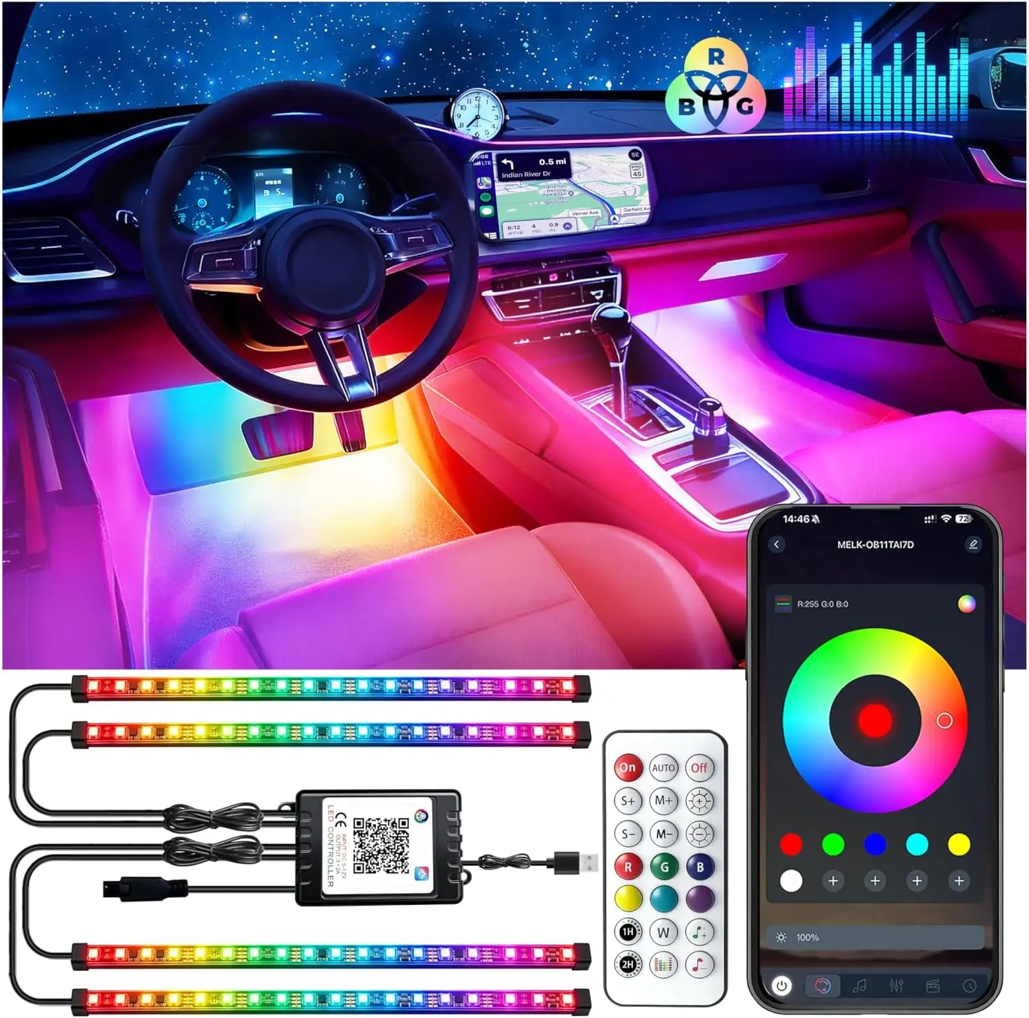 

RGB-IC Car LED Strip Lights with Remote & App Control, Dream Color Ambient Lighting for Cars, Trucks, ATV, DC12V