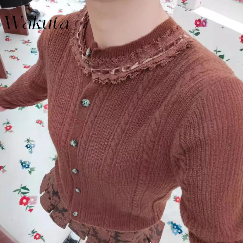 Wakuta French Elegant Spring Lace Round Neck Long Sleeve Knitted Cardigan Artistic Versatile Slim Fit Single Breasted Jumpers