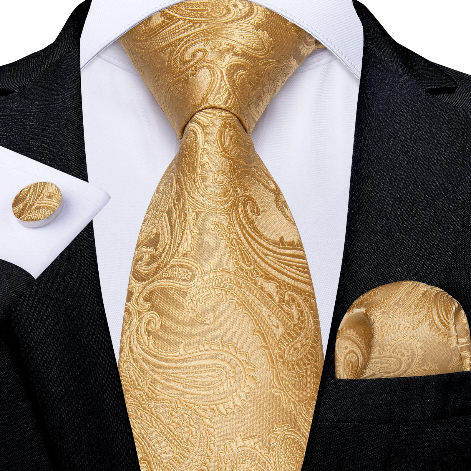 

Wedding Men's Yellow Paisley Pattern Necktie with Pocket Square Cufflinks for Groom Fashion 8 CM Tie for Man Business Party