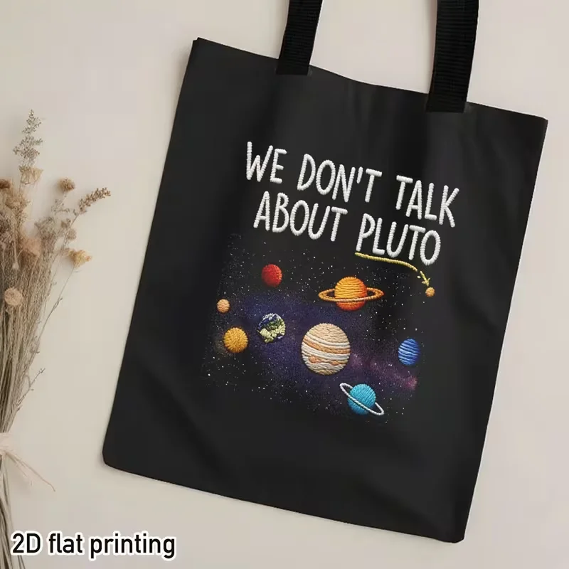 Solar System Planet Print Black Canvas Tote Bag Funny Astronomy Lover Reusable Shoulder Bag Student Space Fan Daily School Gift