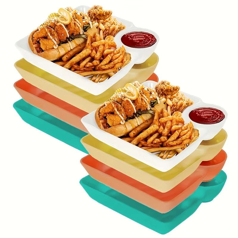 8Pcs Square Dumpling Serving Plates Set, Plastic Divided Serving Dishes with Sauce Compartment, Multipurpose Square Food Trays for Sushi, Taco, French Fries, Salsa and Casual Daily Food, Practical Tableware for Home and Catering Use
