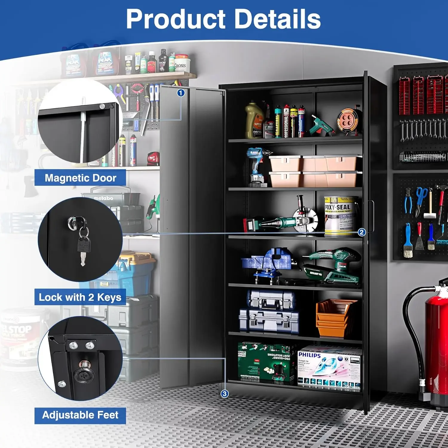 Armoire de rangement de garage en métal avec serrure et 5 étagères réglables, armoires à outils en acier avec porte verrouillable