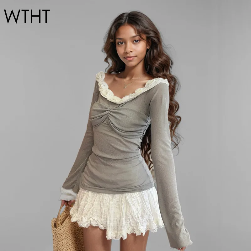 WTHT New Trendy Women's 3D Flower Egde Staight Shoulder T-shirt 2024 Autumn Fashion Wrinkled Cross Elastic Tops Female 1LS342