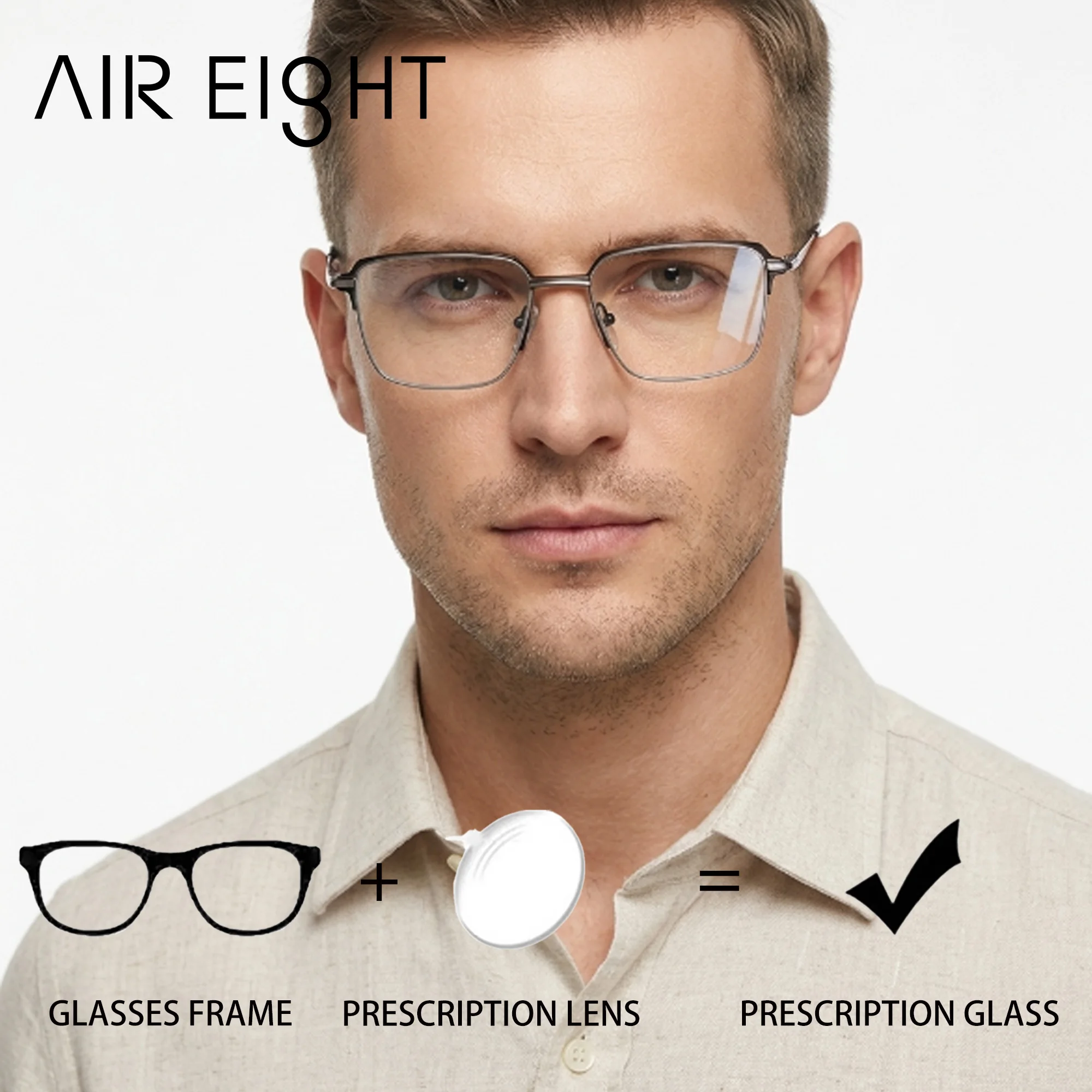 AIR EIGHT Rectangle Metal for Men Prescription Glasses Progressive Myopia Photochromic Blue Light Blocking Optical Eyewear