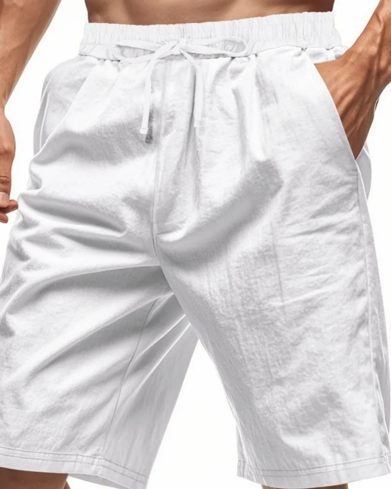 Men’s Cotton Linen Shorts Elastic Waist Drawstring Solid Color Breathable Summer Casual Beach Pants M-5X