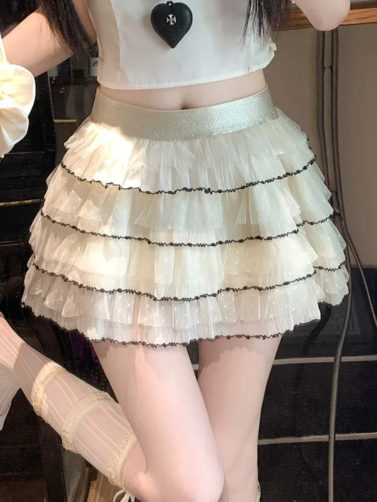 Ballet Style A-Line Miniature Puffy Cake Skirt Women Summer Pure Desirable Spicy Polka Dot Mesh Short Skirt Commute Korean Ve...