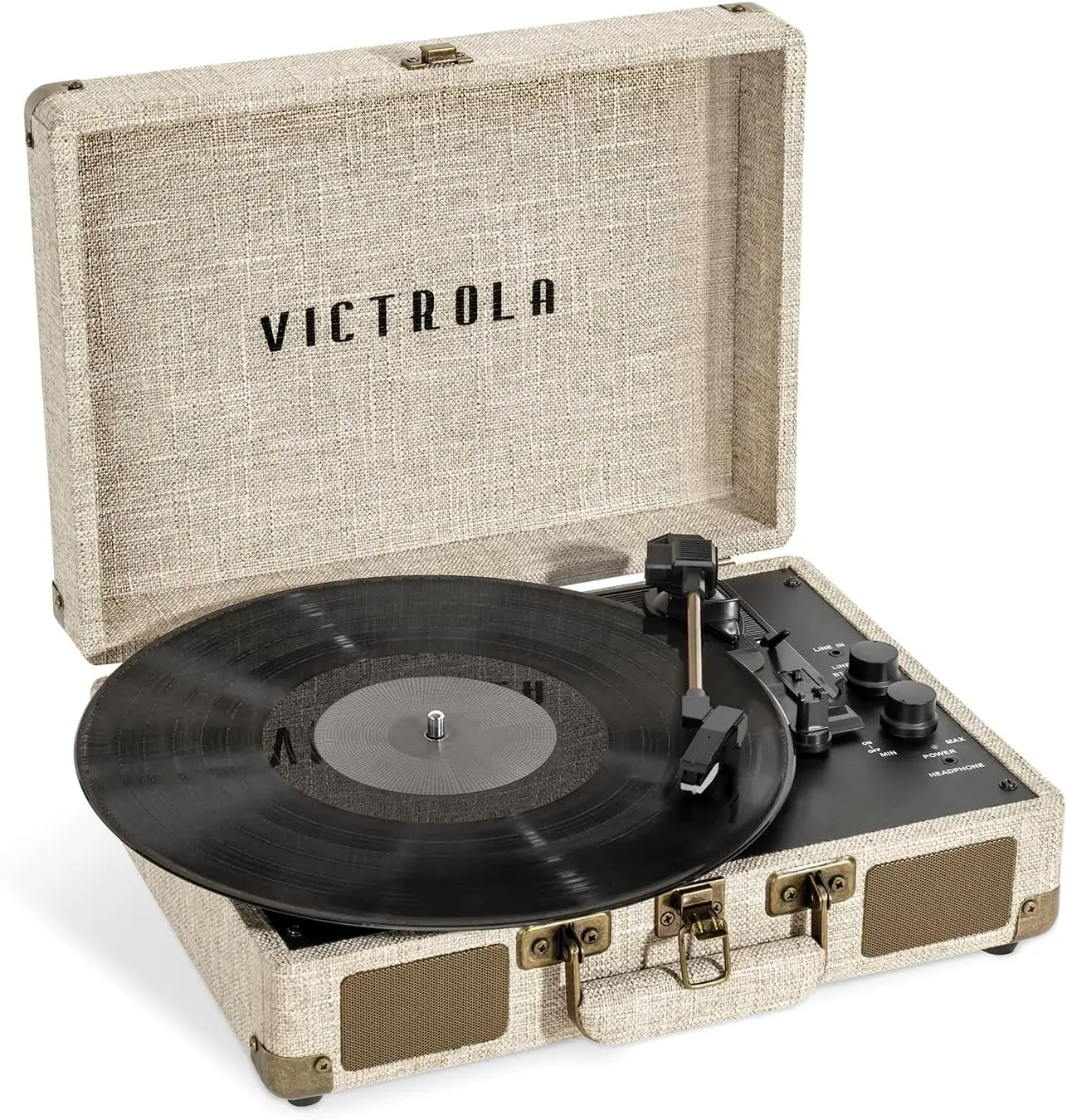 

Portable 3-Speed Suitcase Turntable with Bluetooth, Built-in Speakers, and RCA Output in Cream Linen Finish