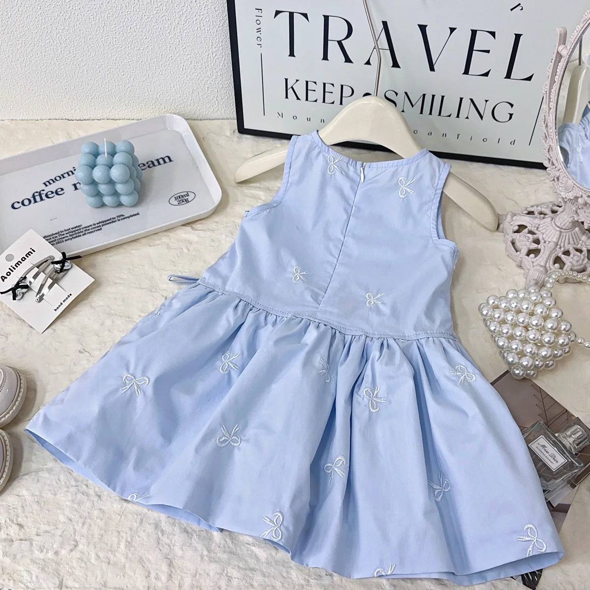 ​Toddler Girls Sleeveless Dress 2025 Summer Light Blue Cotton Blend Small Bow Print Smocked Waist Bow Casual A-Line Outfit