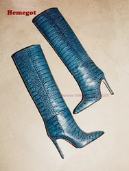 Blue Embossed Leather Boots Stone-Pattern Thin Heels Women's Knee High Boots Slip On Winter Pointy Runway Shoes Glossy Big Size