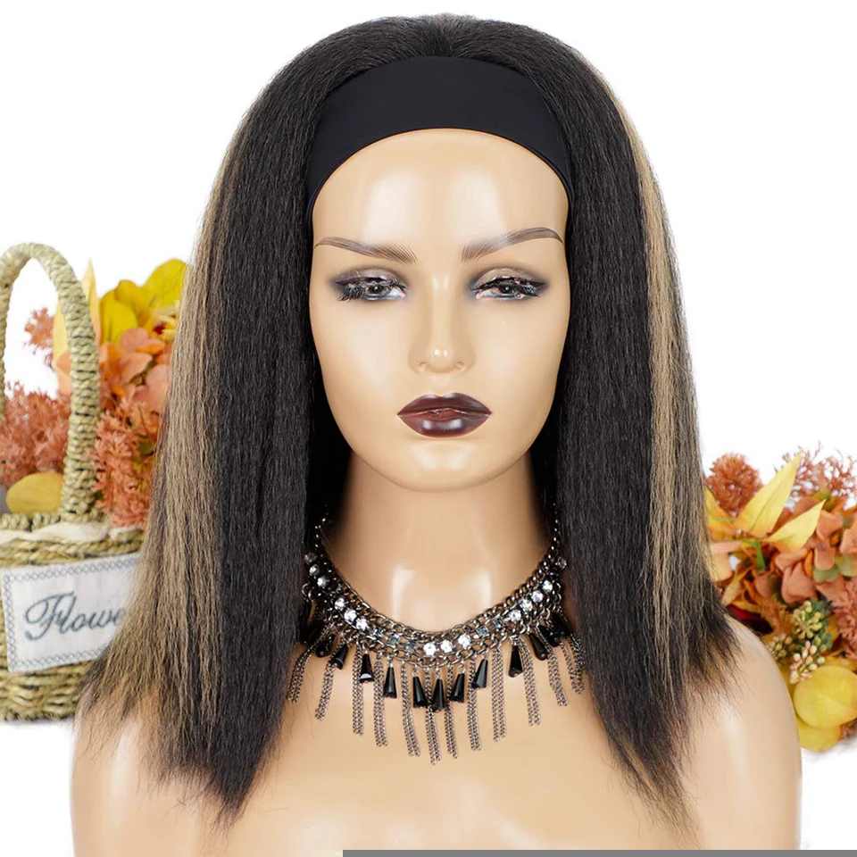 Synthetic Kinky Straight for Black Women 14 Inch Synthetic Headband Wig Yaki Straight Hair Easy To Wear Brown Wig  Peluca