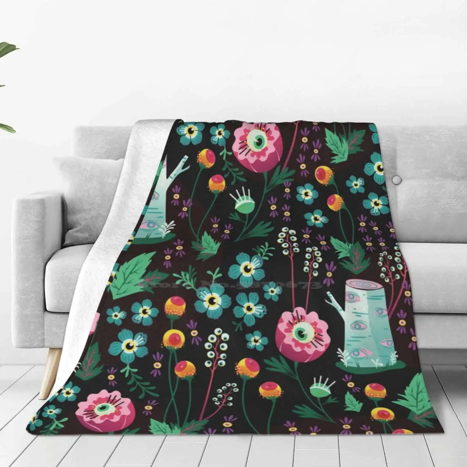 Eyeball Garden New Selling Custom Print Flannel Soft Blanket Eyeball Ojos Ocular Goth Scary Spooky Floral Spring Garden Summer